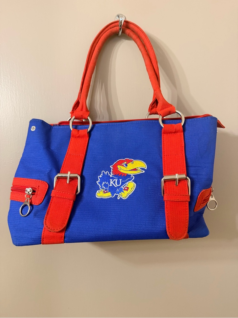 University of Kansas Blue and Red Tote Bag with Jayhawk Logo